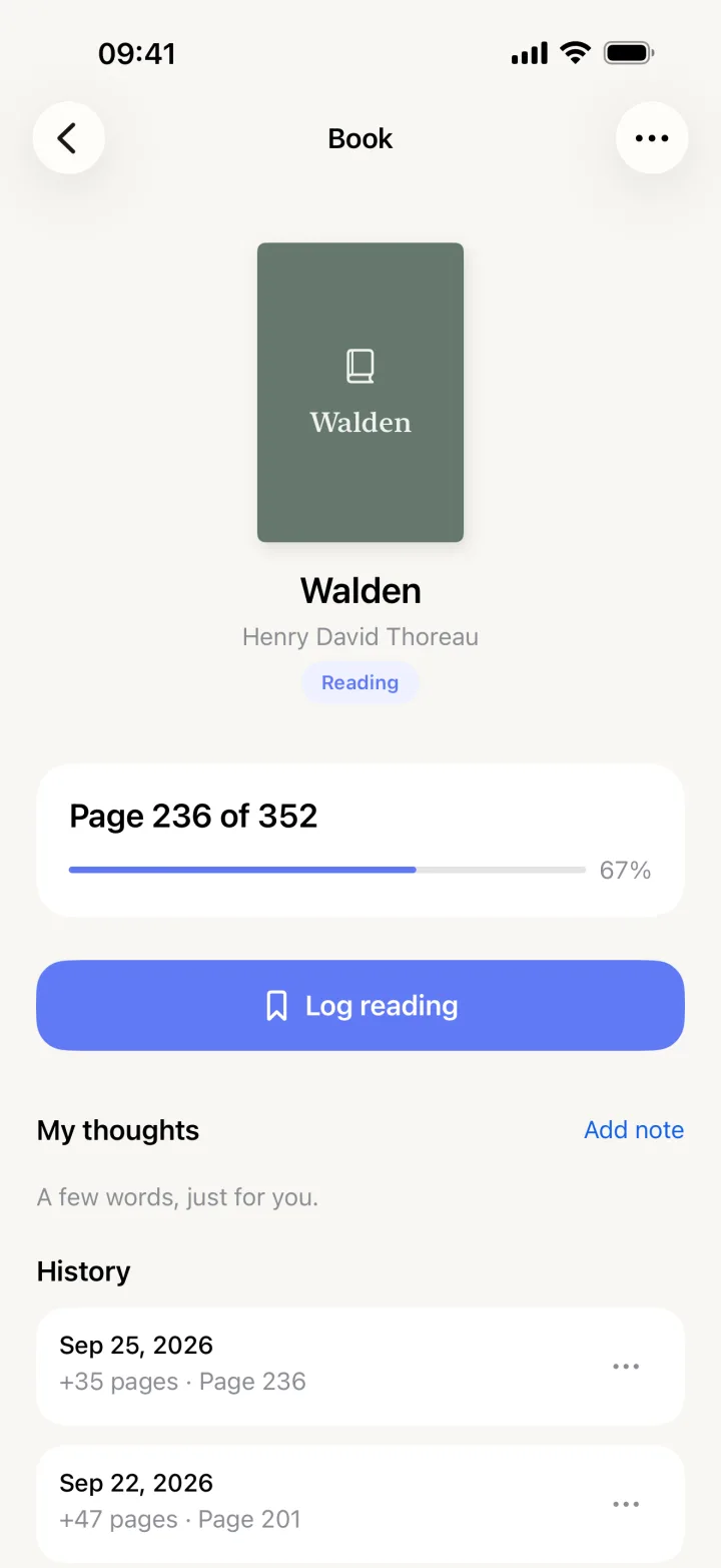 Litto book screen for Walden: page 236 of 352 with reading history