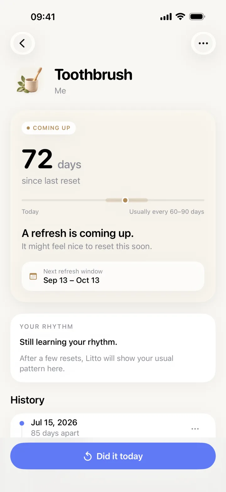 Litto detail screen for a toothbrush: 72 days since last reset on a rhythm track of 60 to 90 days