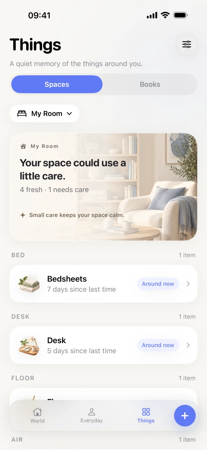 Litto Things screen showing a room summary with bed, desk and floor sections